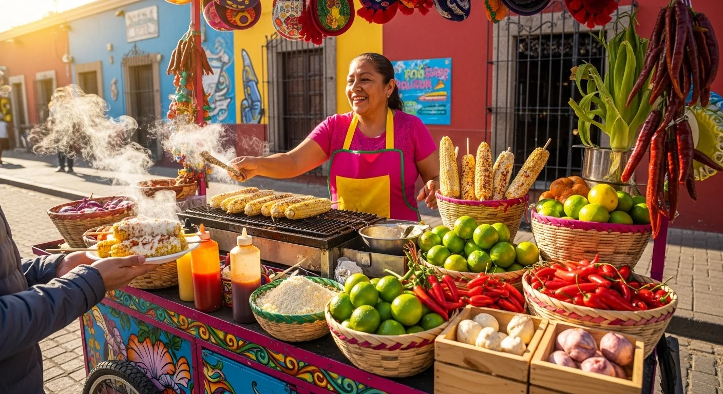 Mexican street vendor grilling corn on the cob elote with traditional colorful market setup