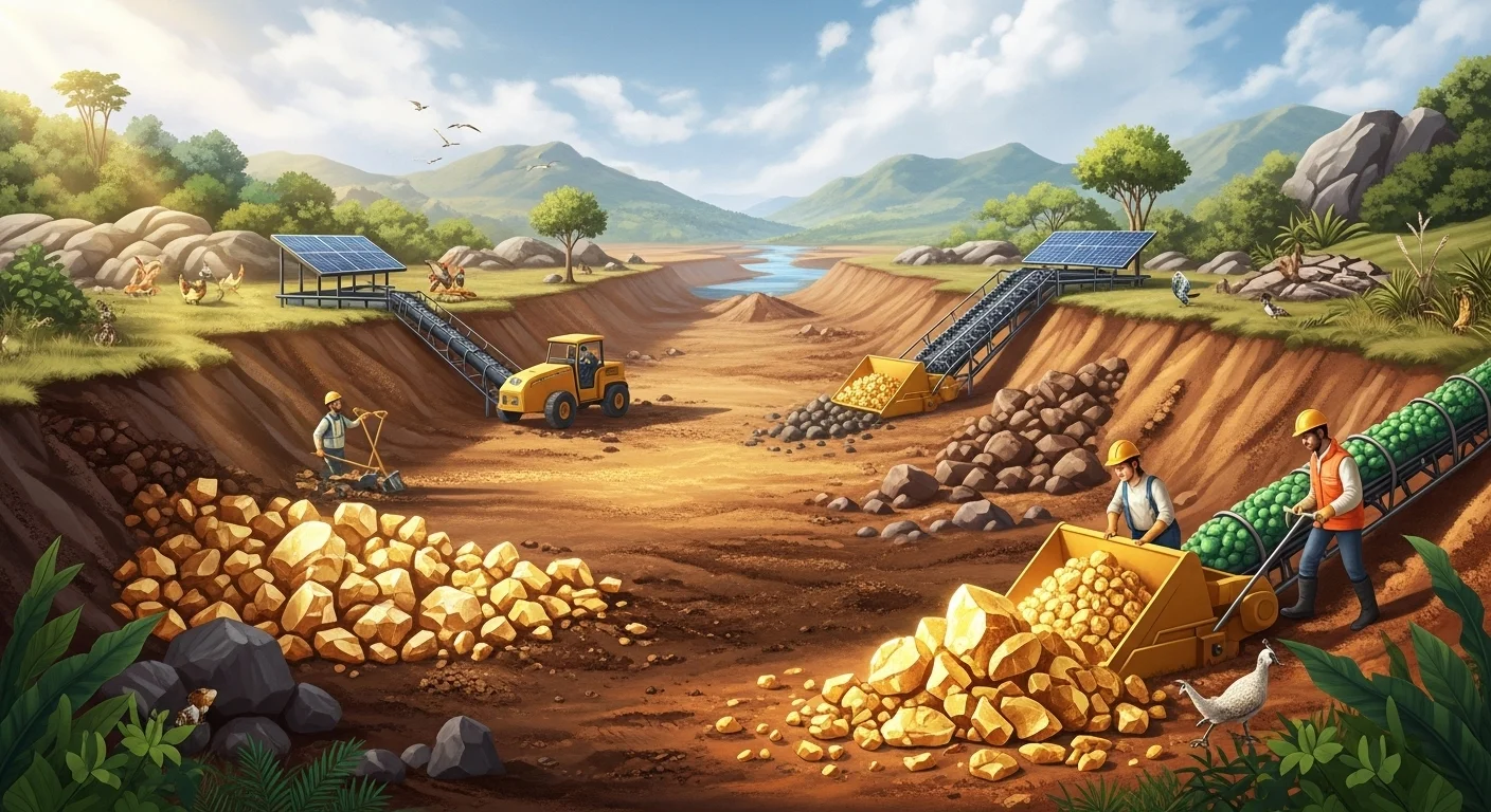 125+ Fun and Educational Earth Day Riddles & Answers for All Ages 7 Mining site with heavy machinery and solar panels showing sustainable energy integration in industrial operations