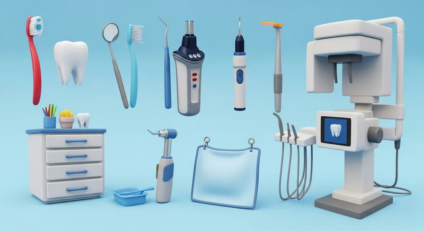 125+ Tooth Riddles & Answers: A Fun Journey Through Dental Health 13 Modern dental office equipment including dental chair, X-ray machine, dental tools, toothbrush, and advanced dental technology on blue background