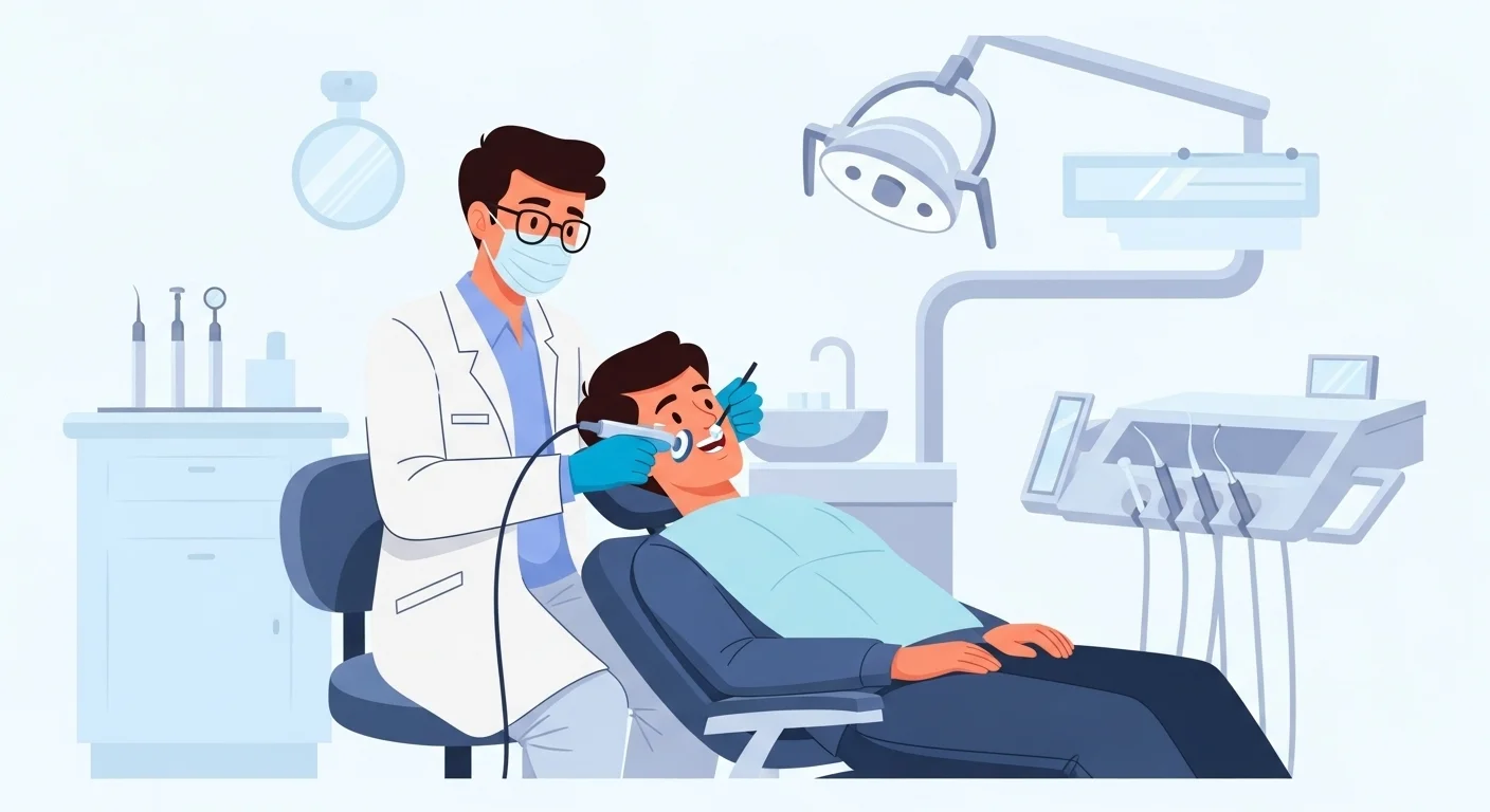 Dentist in white coat and mask examining patient in modern dental chair with advanced dental equipment and lighting in clinical setting