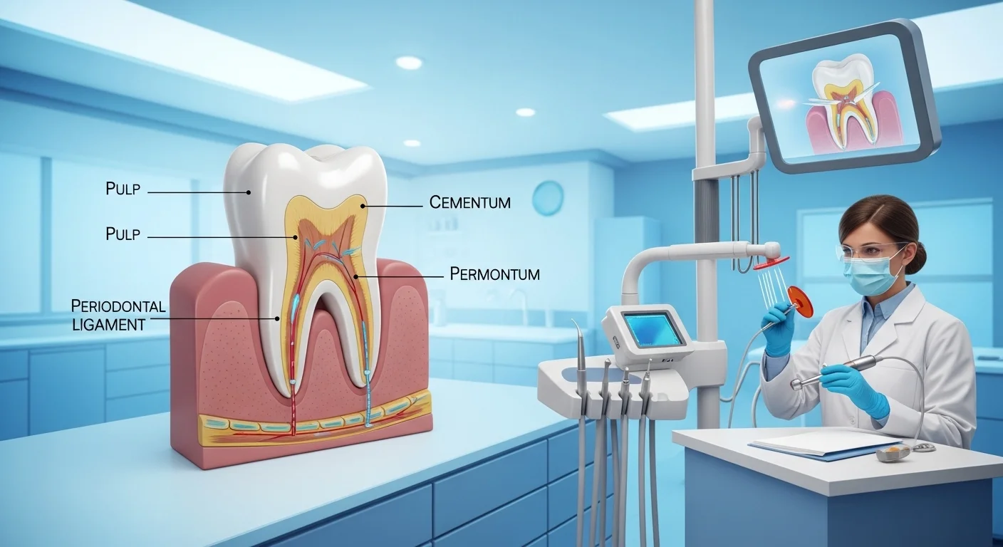 125+ Tooth Riddles & Answers: A Fun Journey Through Dental Health 6 Modern dental office with female dentist and advanced equipment displaying detailed tooth anatomy model showing pulp, cementum, and periodontal ligament