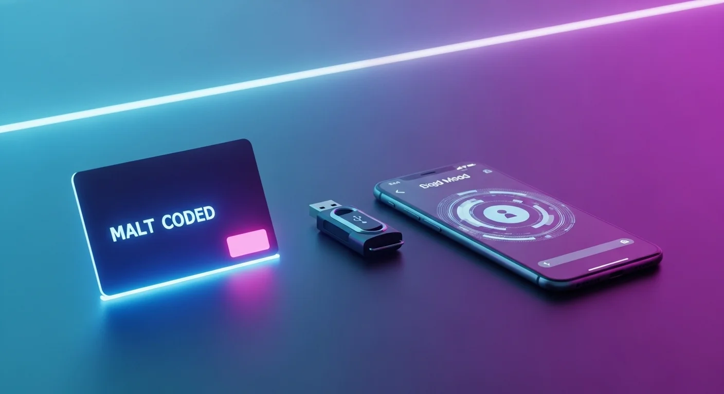 125+ Key Riddles with Answers to Unlock Your Mind 2 Digital tablet showing "MALT CODED" with USB drive and smartphone displaying security interface