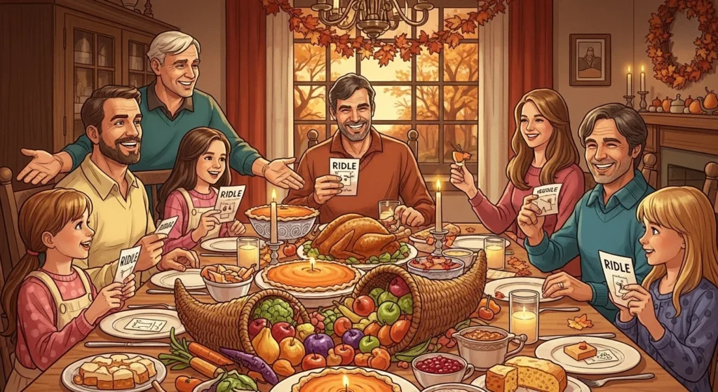 Large family of all ages enjoying November riddle cards at Thanksgiving feast