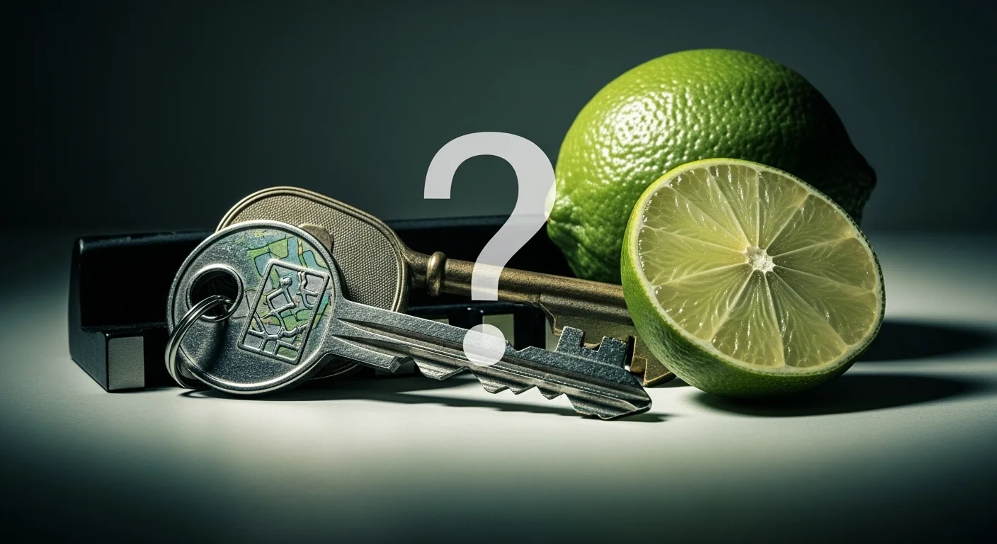 125+ Key Riddles with Answers to Unlock Your Mind 3 Ornate vintage key next to cut lime with question mark overlay creating riddle puzzle scene