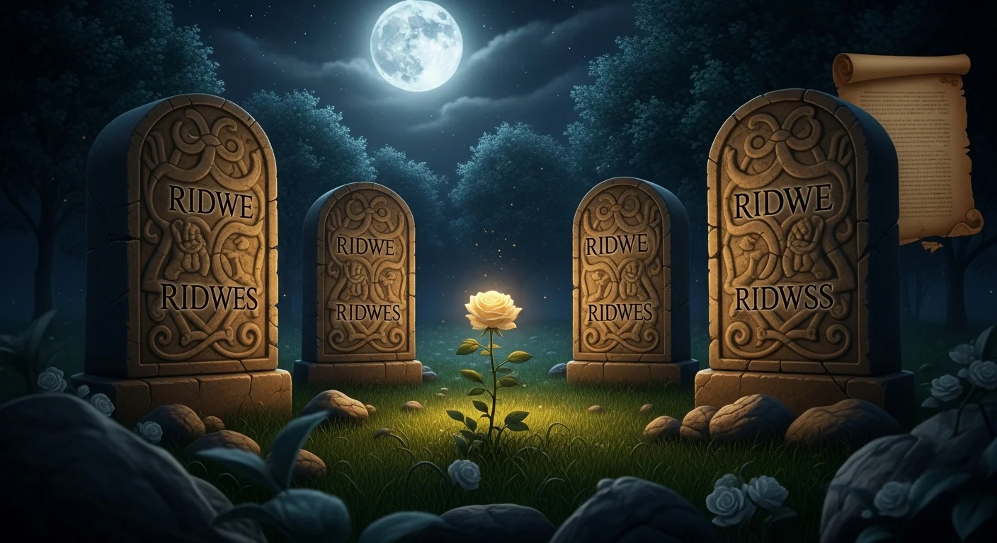 125+ Rose Riddles with Answers: A Blooming Collection of Wit and Wonder 4 Glowing yellow rose growing between old gravestones under full moon in mystical cemetery setting