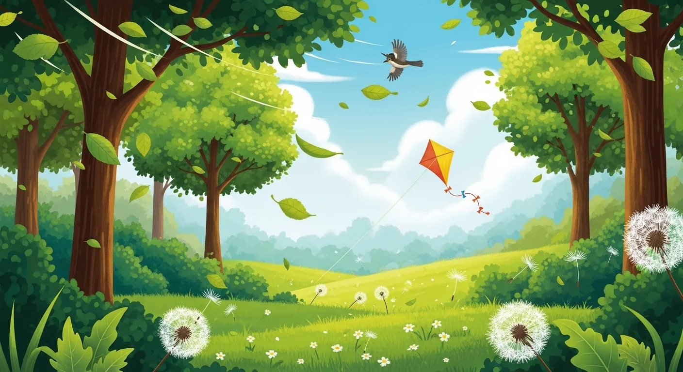 125+ Wind Riddles with Answers: Unlock the Mystery of the Wind 2 Natural wind scene with kite flying through forest meadow
