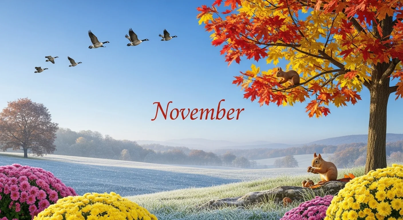 Serene November landscape with autumn colors and migrating geese overhead