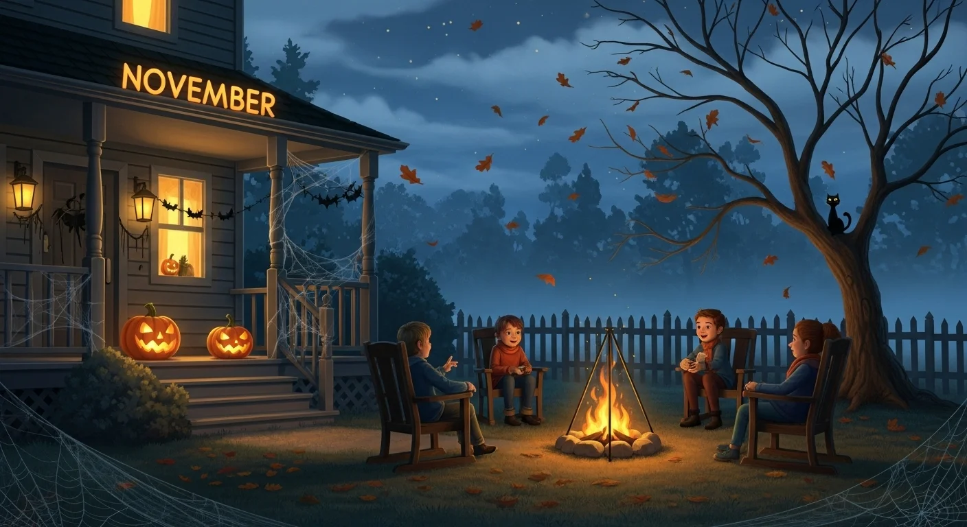Family gathered around campfire sharing November riddles on autumn evening