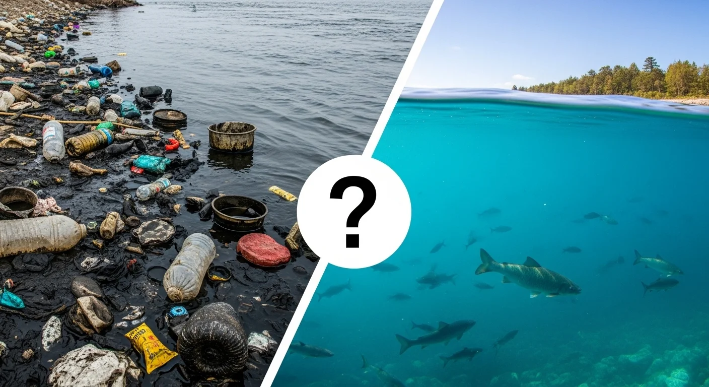 125+ Fun and Educational Earth Day Riddles & Answers for All Ages 8 Split image showing polluted beach with trash versus clean ocean with marine life including dolphins and pristine waters