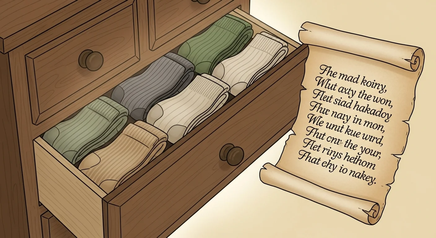 125+ Socks Riddles with Answers: From Classic to Hilarious 1 Neatly organized sock drawer with riddle poem on ancient scroll in socks riddles