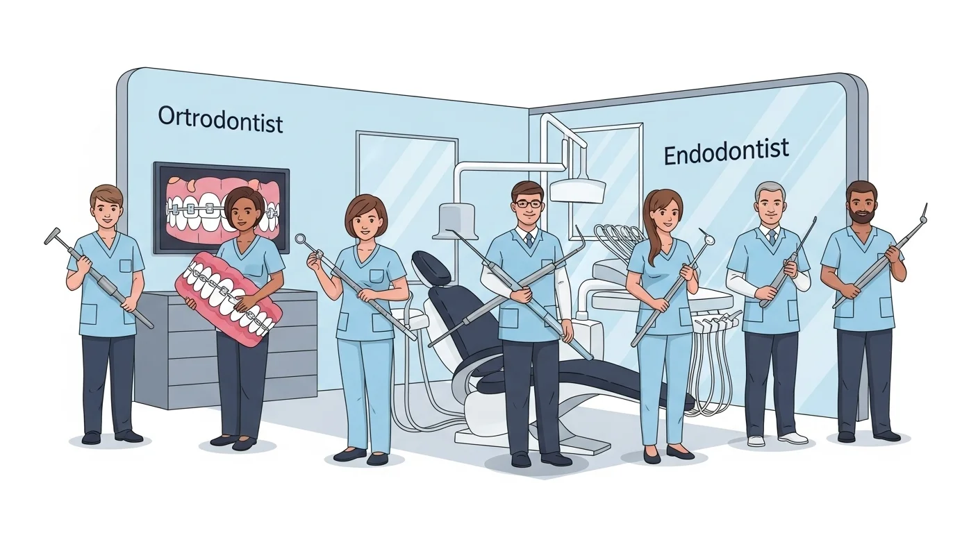 Team of dental specialists including orthodontist and endodontist with dental equipment in modern clinic setting
