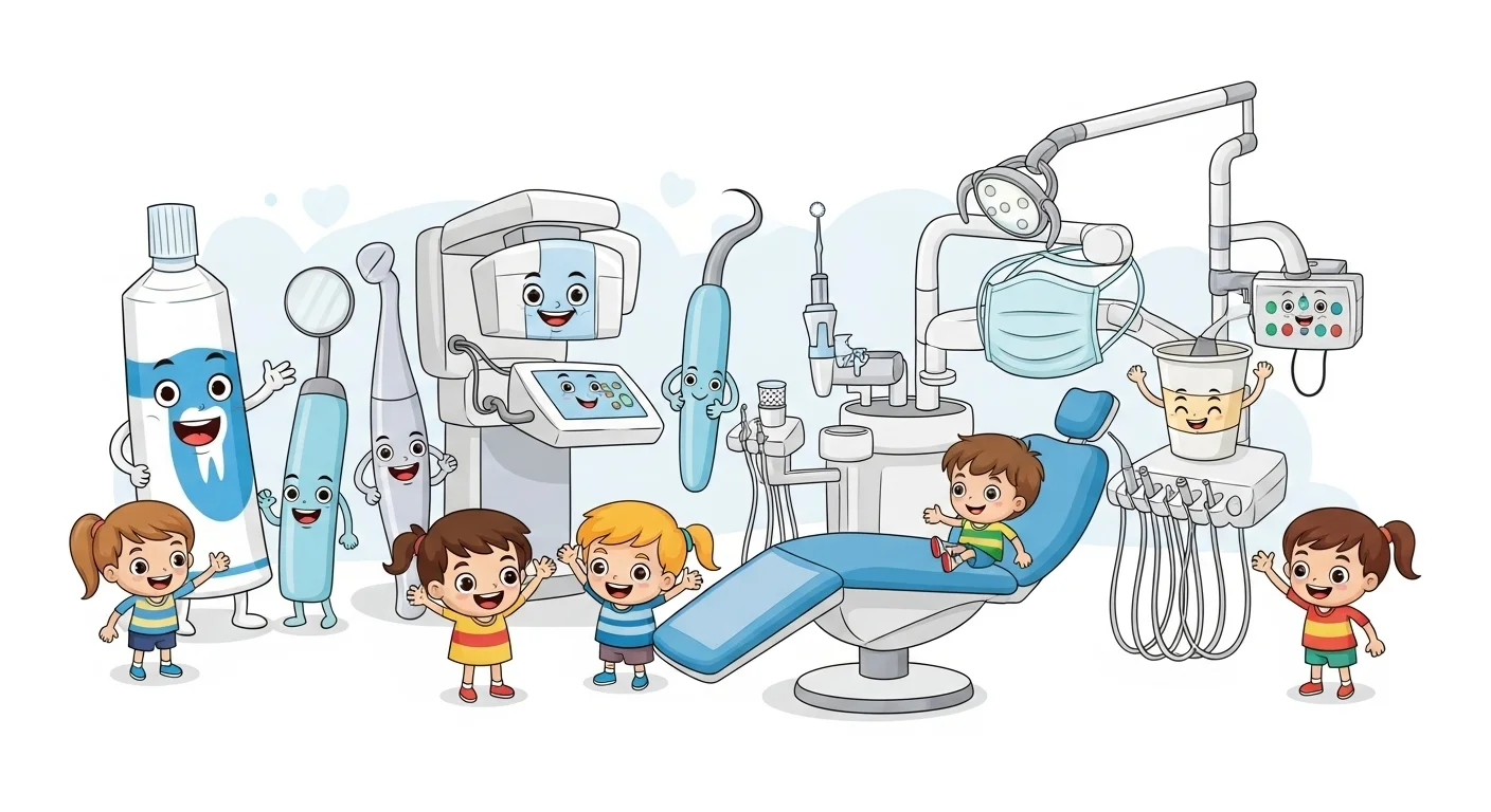 125+ Tooth Riddles & Answers: A Fun Journey Through Dental Health 2 Cheerful pediatric dental office scene with cartoon dental equipment, happy children, and animated dental tools creating a welcoming atmosphere