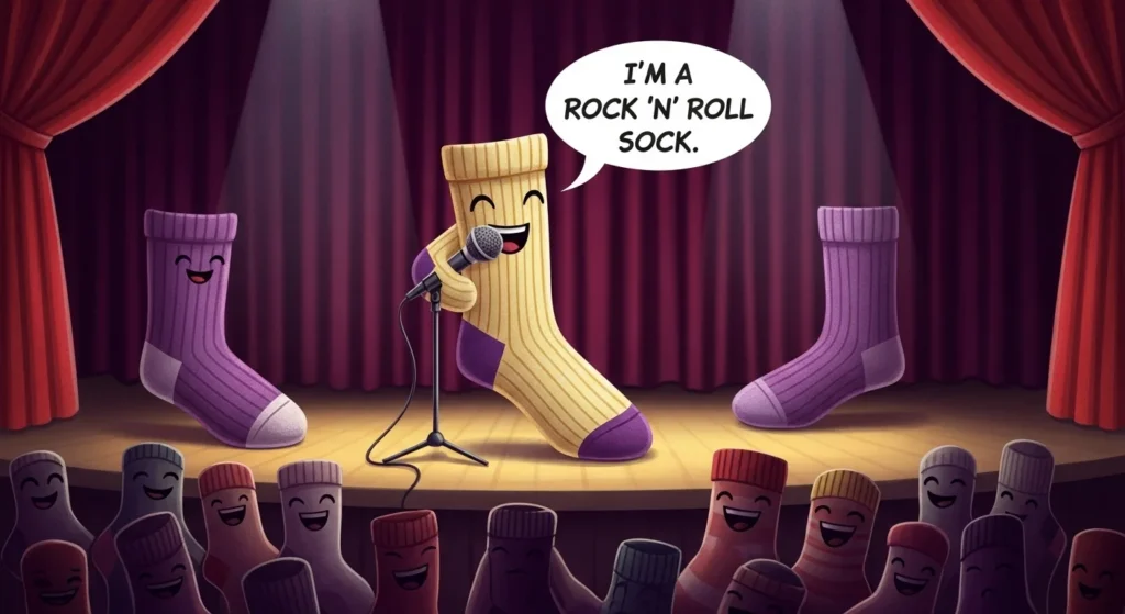 125+ Socks Riddles with Answers: From Classic to Hilarious 6 Cartoon sock performing stand-up comedy on theater stage