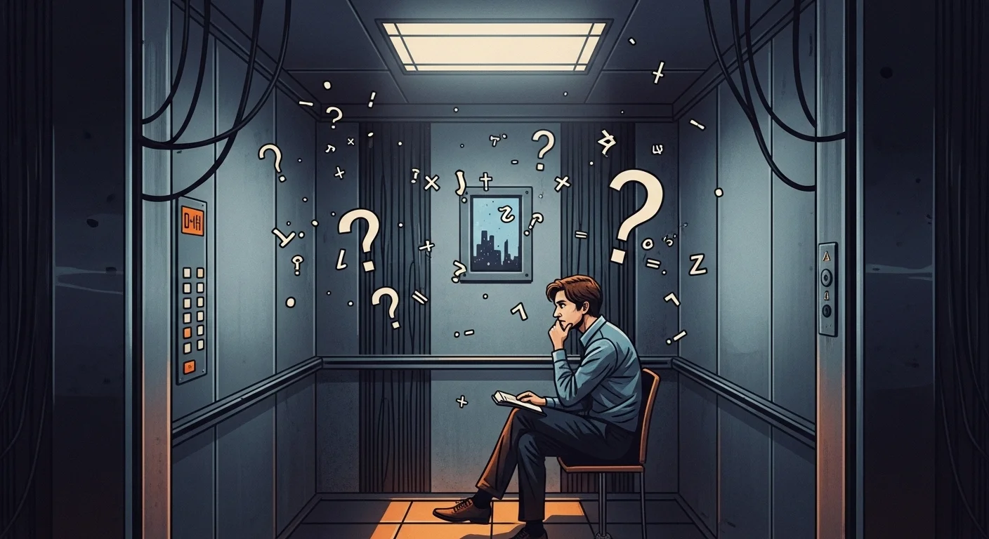 Elevate Your Elevator Rides: 125+ Elevator Riddles to Spark Fun and Laughter 3 Individual sitting in elevator surrounded by floating question marks thinking