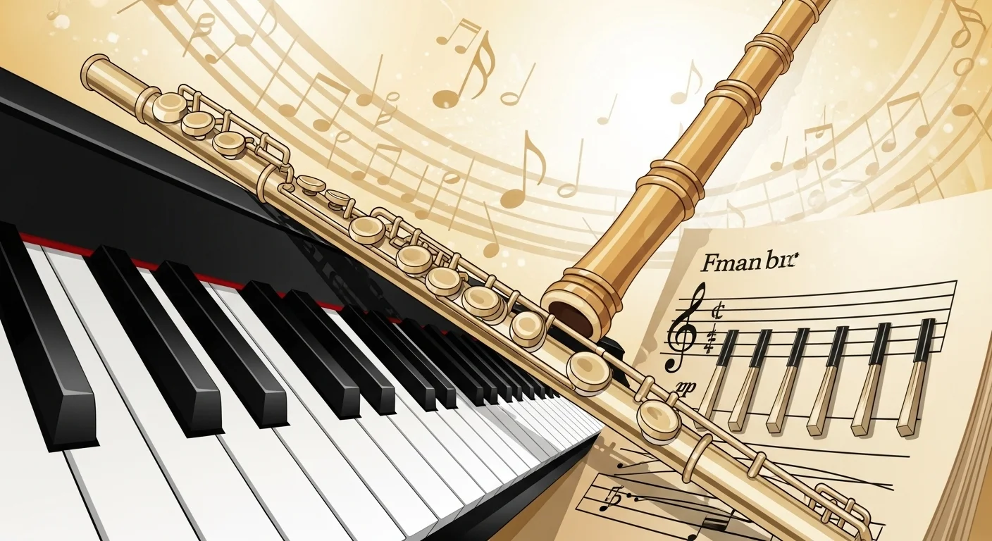 125+ Key Riddles with Answers to Unlock Your Mind 7 Piano keyboard with golden flute and sheet music showing musical key signature notation