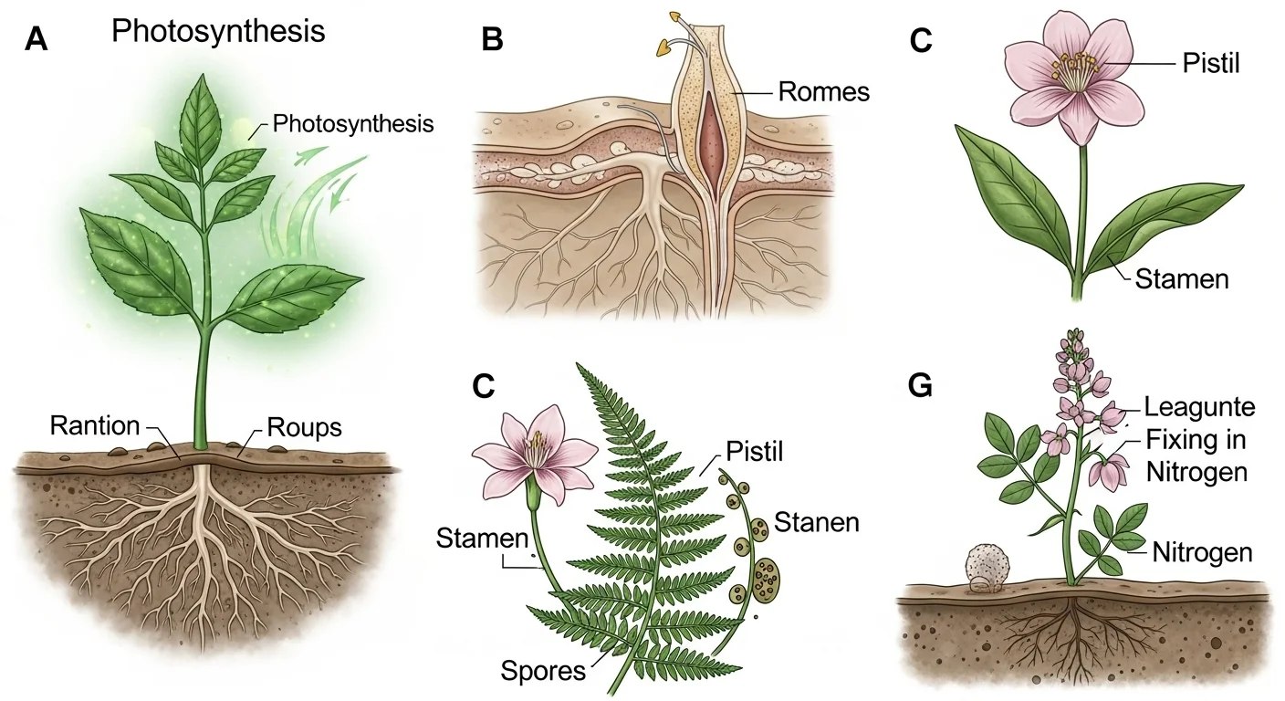 Scientific plant biology diagram showing photosynthesis and ecology
