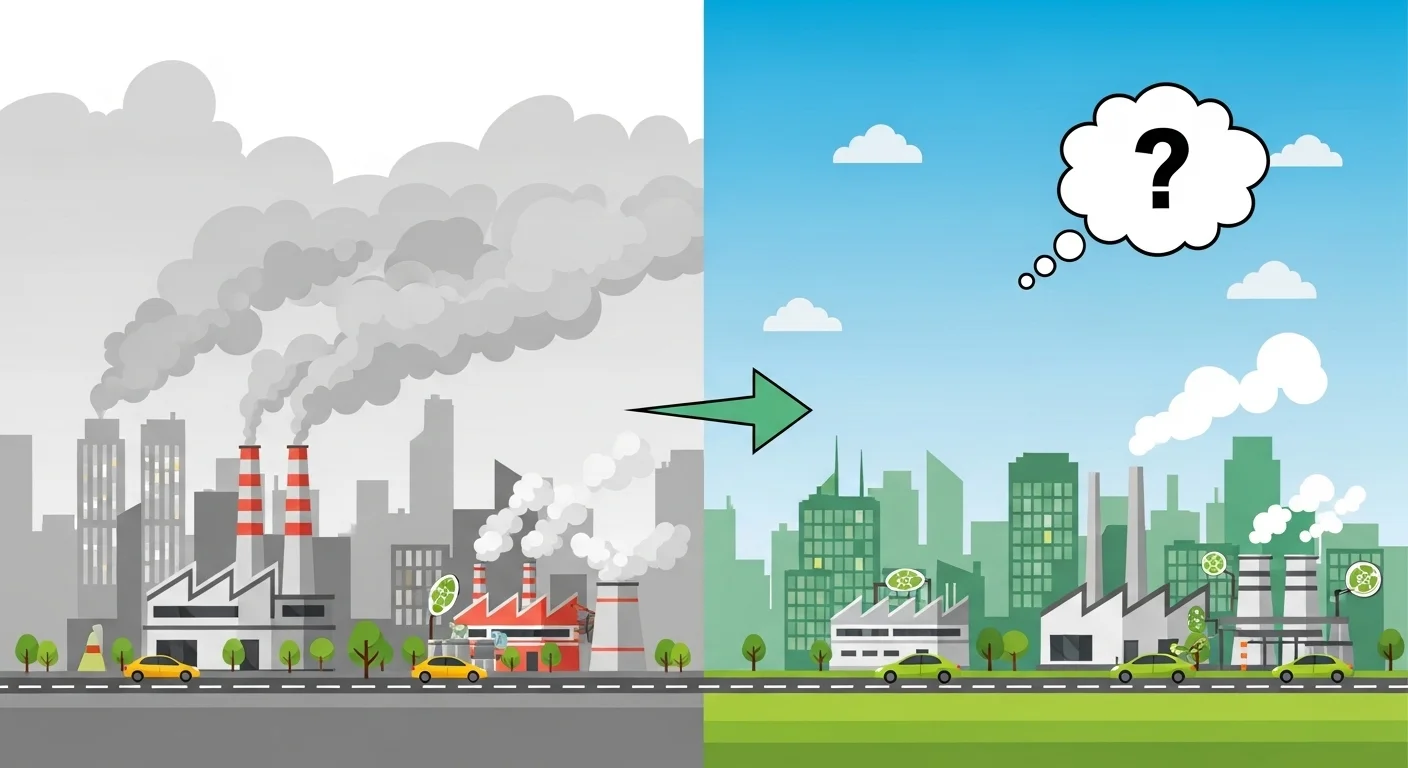 125+ Fun and Educational Earth Day Riddles & Answers for All Ages 1 Split image showing polluted city with smog transitioning to clean green city with renewable energy and clear skies