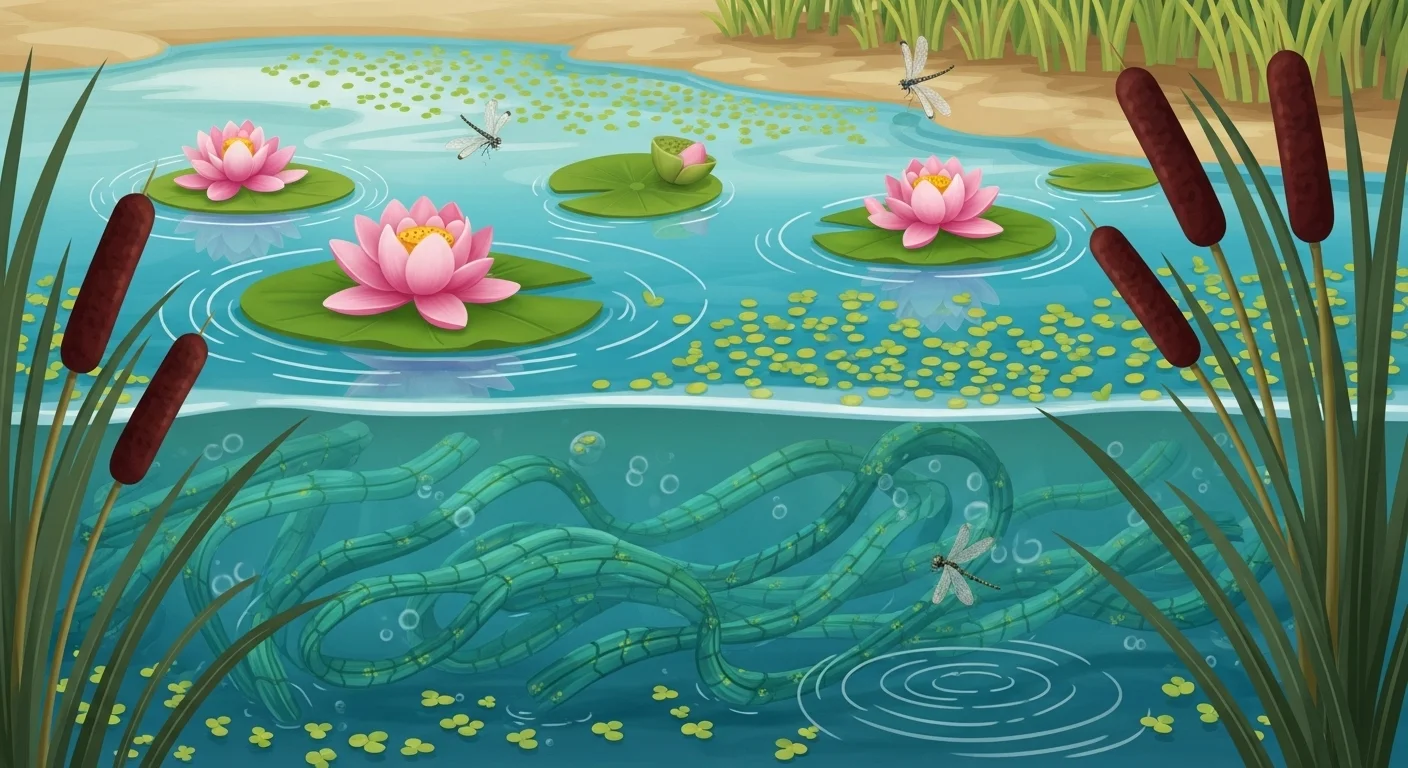 Pond ecosystem with pink water lilies, cattails and dragonflies
