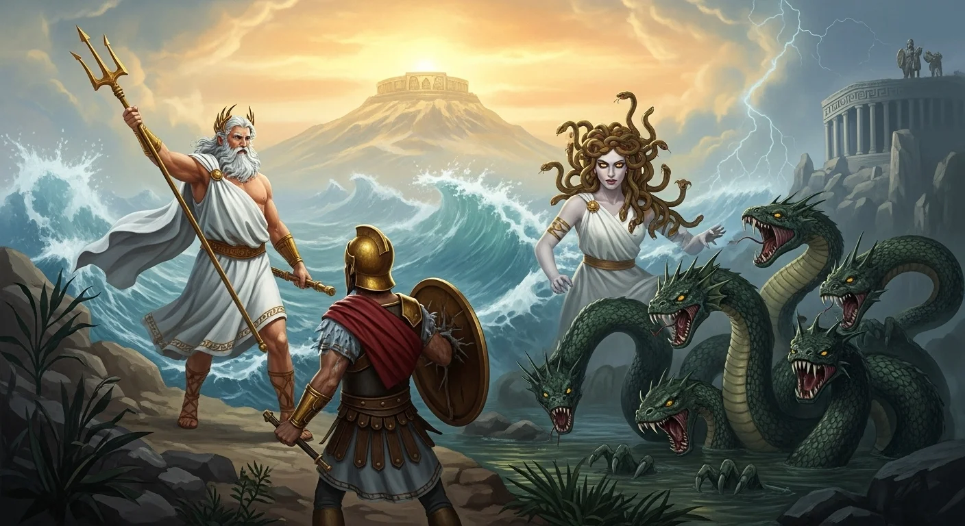 125+ Greek Riddles with Answers: Unravel the Mysteries of Ancient Greece 3 Poseidon confronting Medusa with warriors in Greek mythology scene