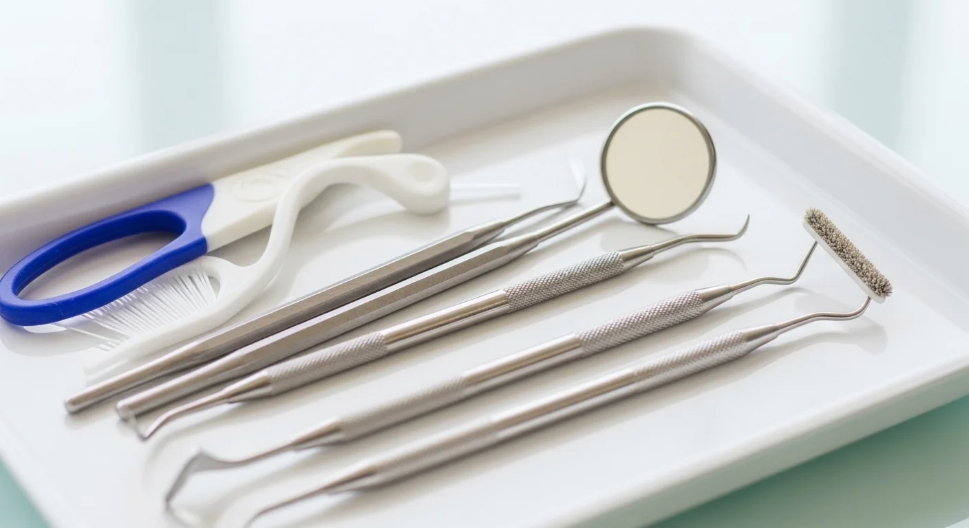 Sterile dental examination instruments including dental mirror, explorer, scaler, and oral care tools arranged on white medical tray