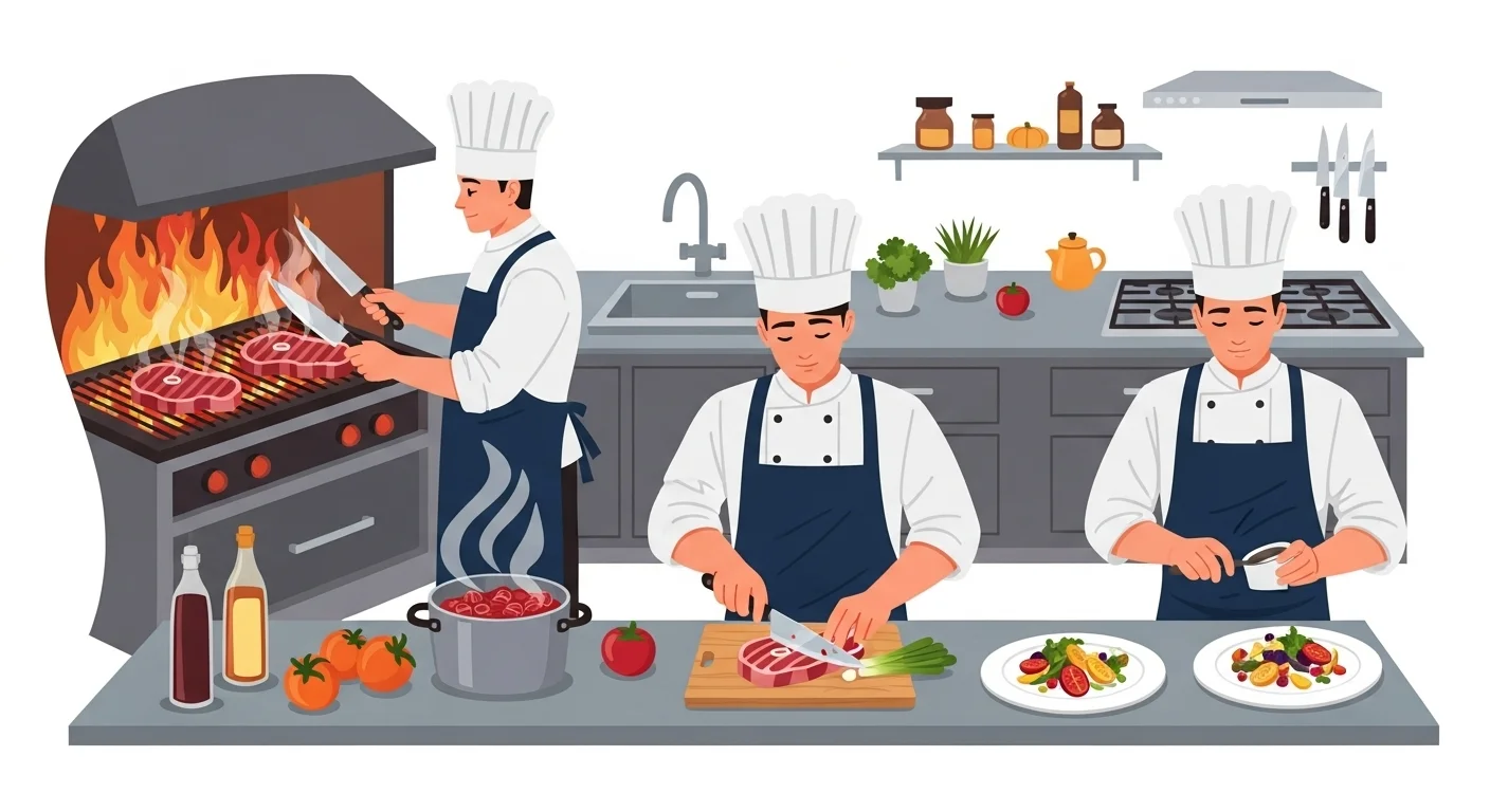Professional kitchen team with executive chef coordinating food preparation and cooking