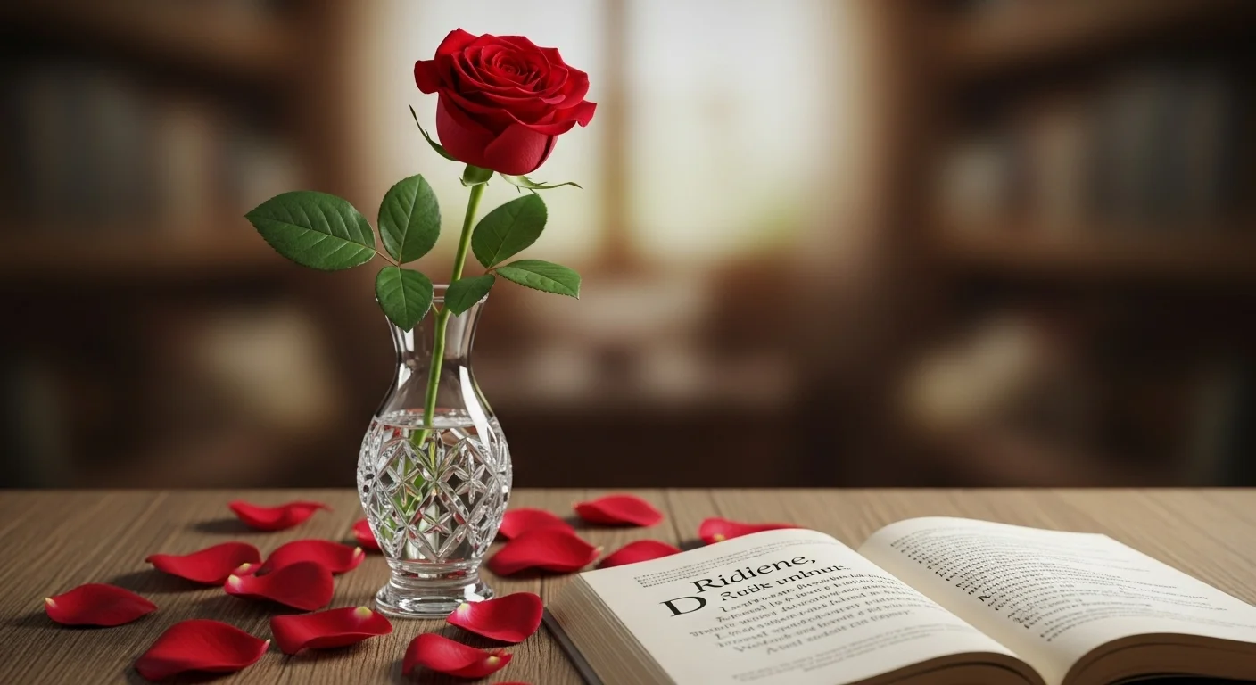 125+ Rose Riddles with Answers: A Blooming Collection of Wit and Wonder 1 Single red rose in crystal vase beside open book with scattered rose petals on wooden table