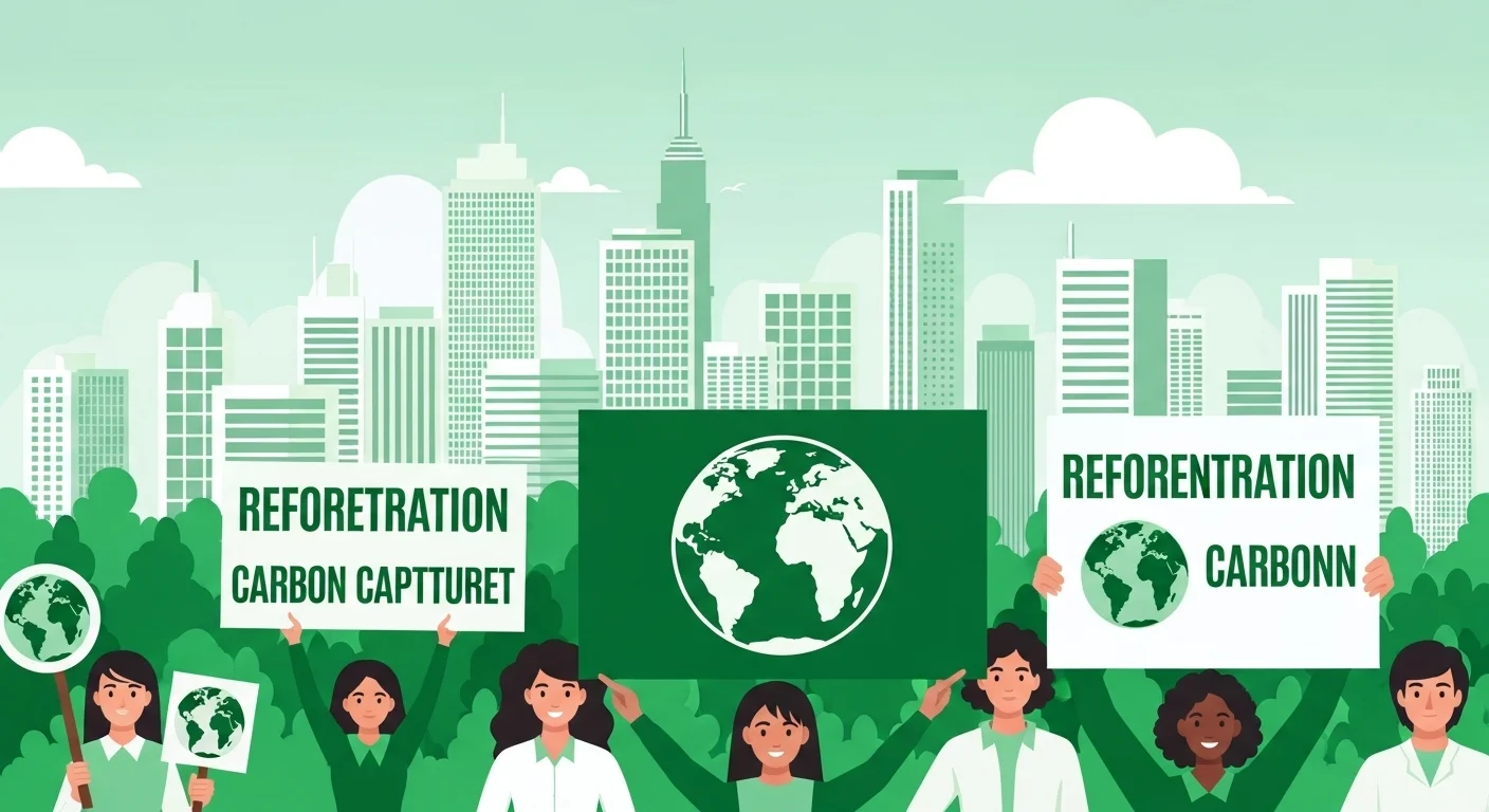 125+ Fun and Educational Earth Day Riddles & Answers for All Ages 12 Diverse group of environmental activists holding signs about reforestation and carbon capture in front of green city skyline