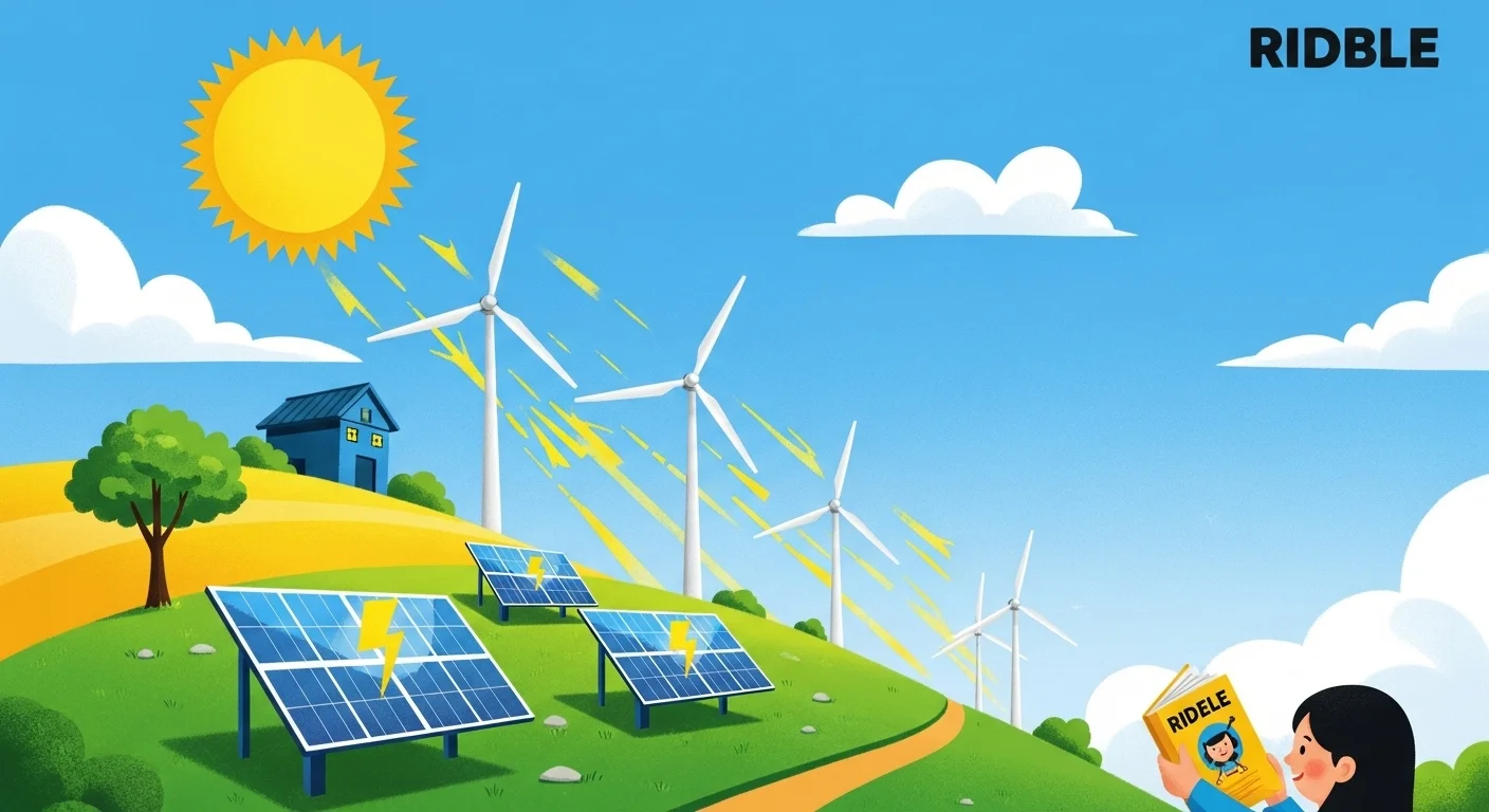 125+ Fun and Educational Earth Day Riddles & Answers for All Ages 4 Renewable energy landscape with solar panels, wind turbines, and clean technology under bright sunshine
