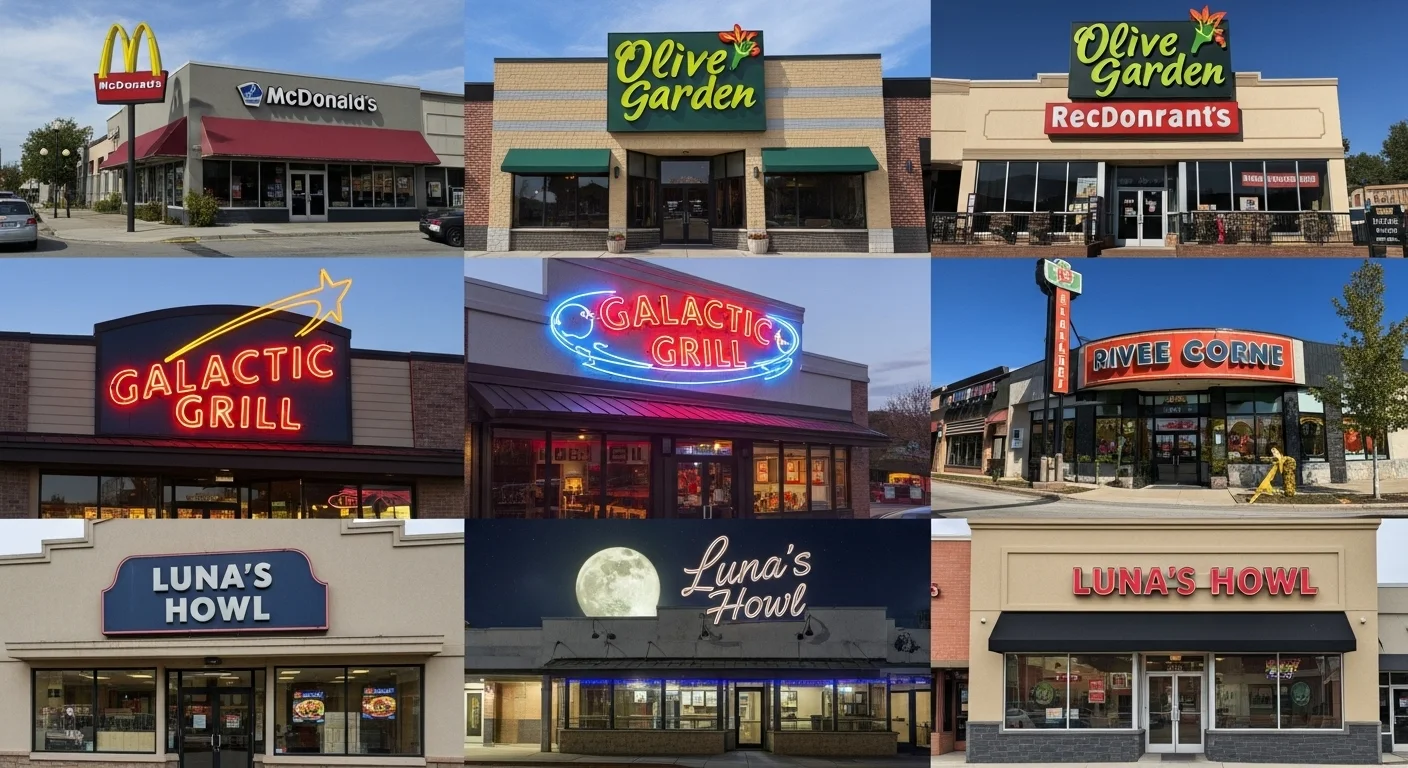 Popular restaurant chain logos including McDonalds Olive Garden Galactic Grill