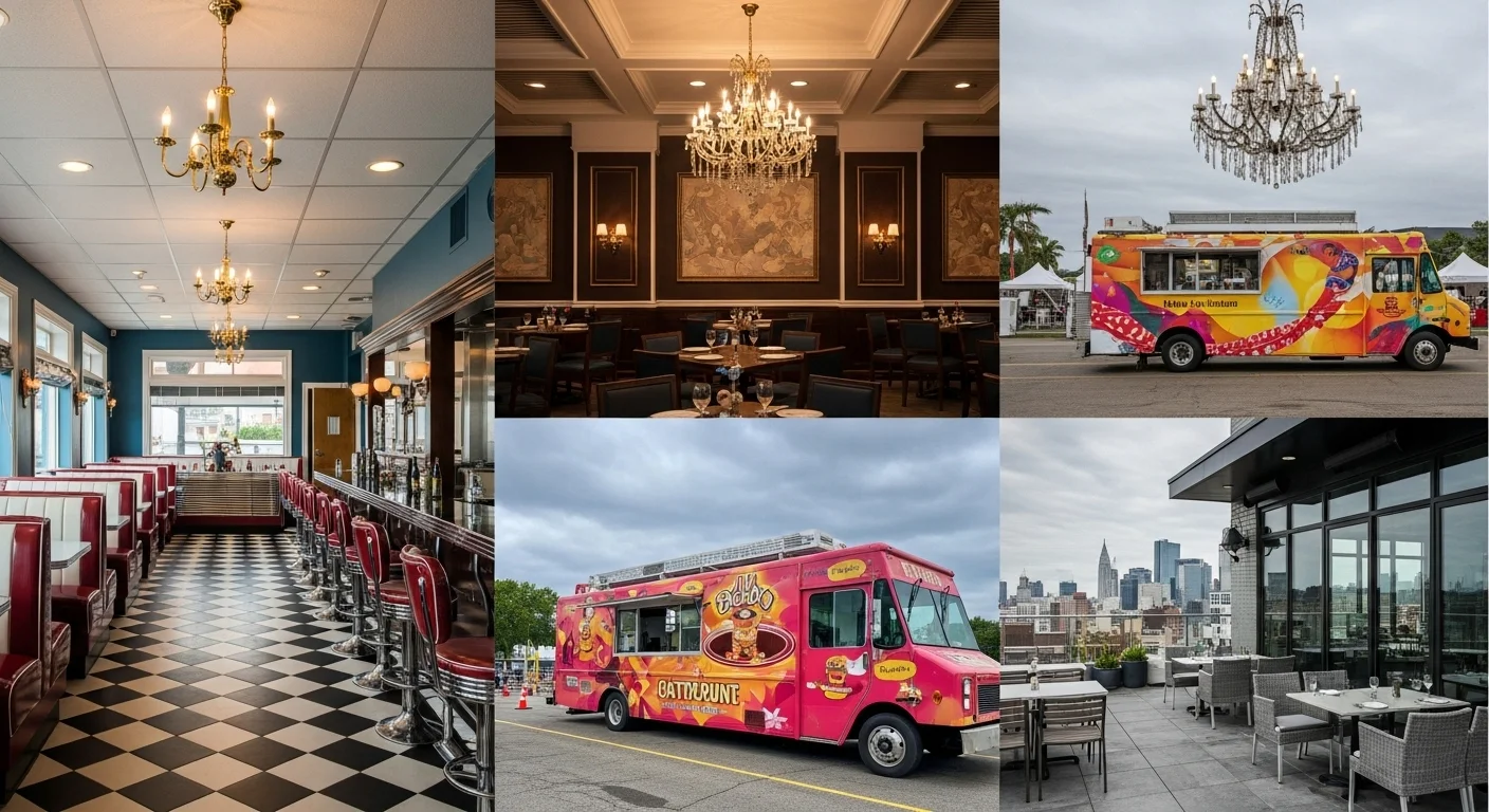 Restaurant interior designs showing diner booth seating elegant dining food trucks