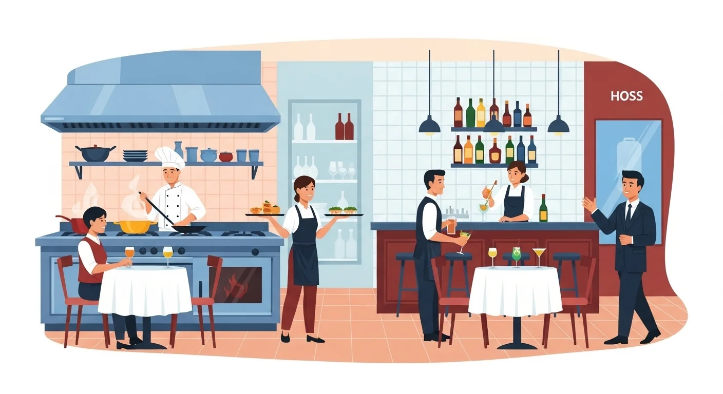 Restaurant kitchen operations showing chefs servers and host workflow coordination