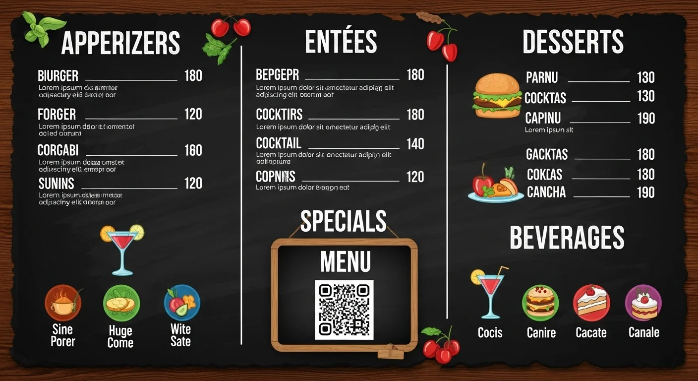 Restaurant menu design with sections for appetizers entrees desserts and QR code