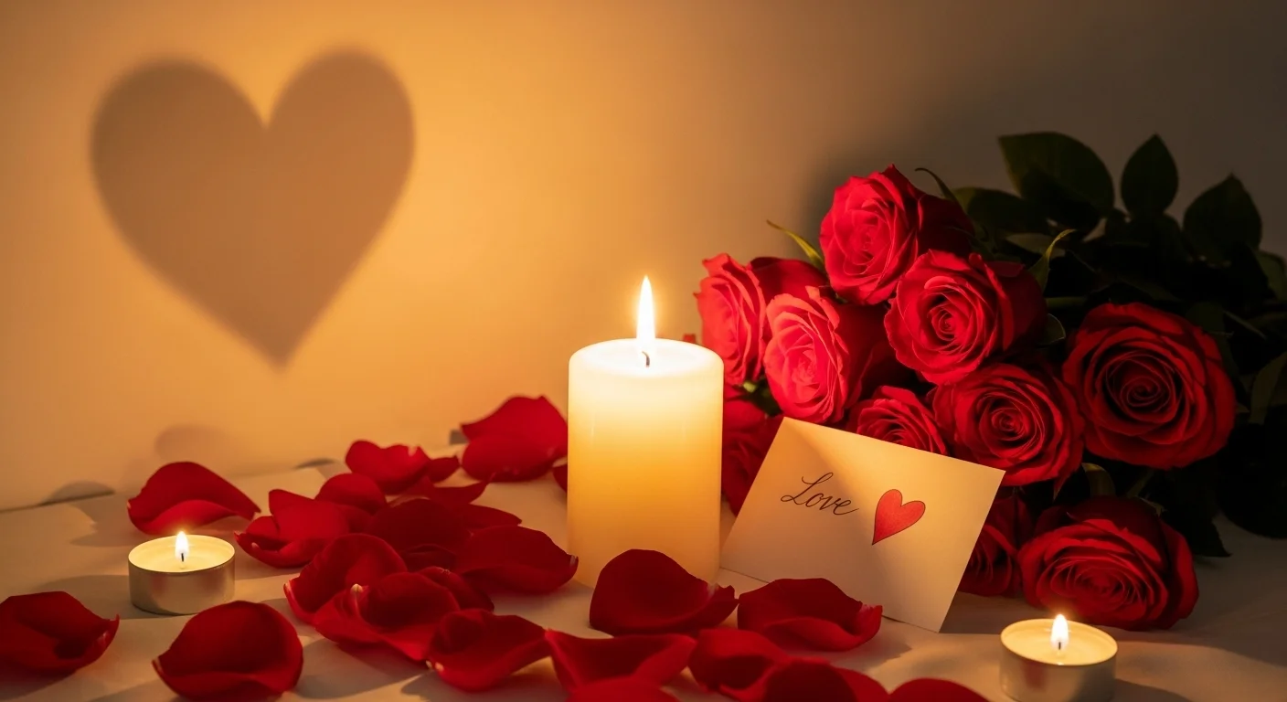 125+ Rose Riddles with Answers: A Blooming Collection of Wit and Wonder 3 Red roses bouquet with lit candles and love note creating romantic atmosphere with heart-shaped shadow