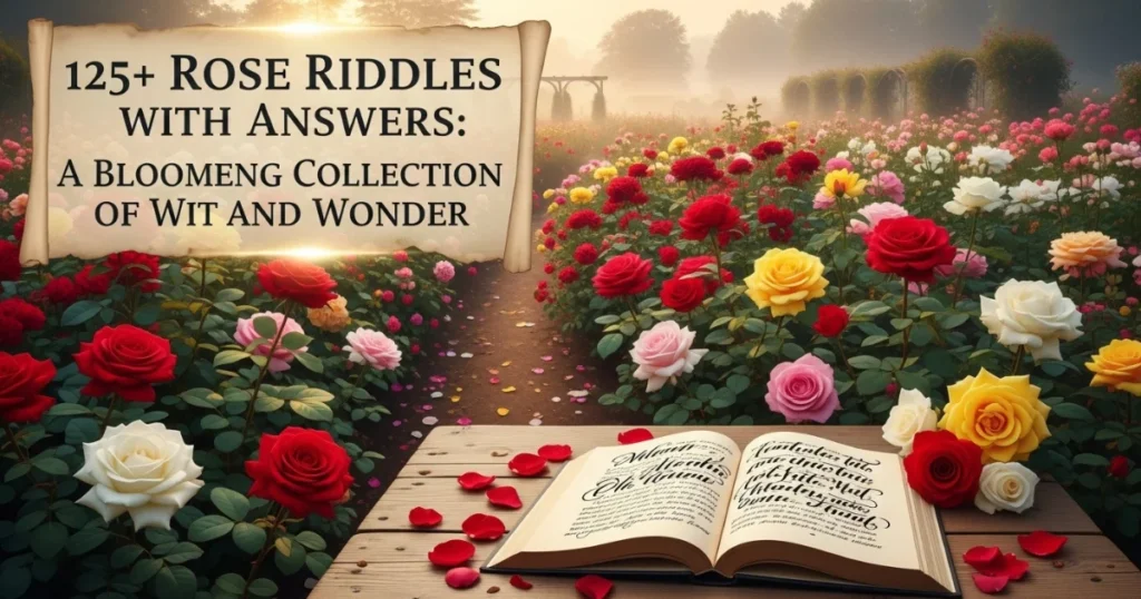 Colorful rose garden with ancient scroll displaying "125+ Rose Riddles with Answers" surrounded by blooming red, pink, yellow and white roses