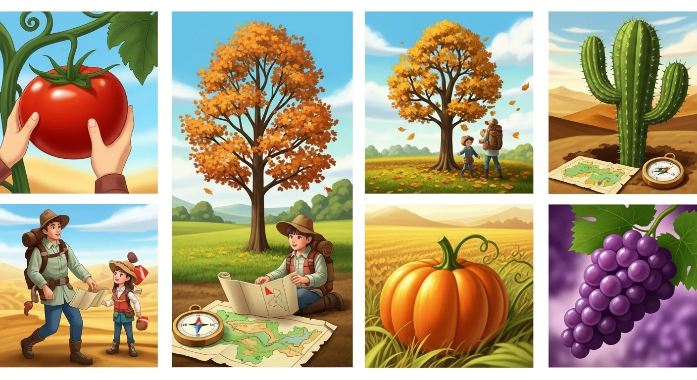 Seasonal plant collection showing tomatoes, autumn trees, pumpkins, grapes