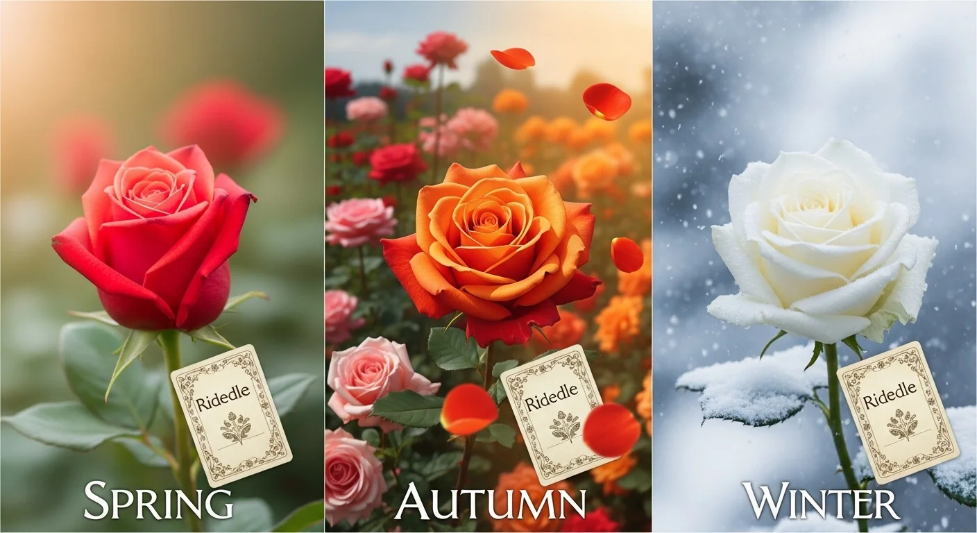 125+ Rose Riddles with Answers: A Blooming Collection of Wit and Wonder 7 Three-panel seasonal rose riddles showing red spring rose, orange autumn rose, and white winter rose with riddle cards