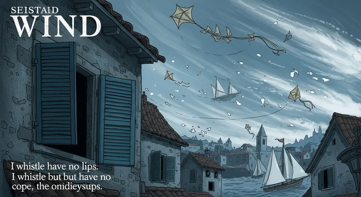 125+ Wind Riddles with Answers: Unlock the Mystery of the Wind 1 Seistaid wind riddle illustration showing coastal town with kites