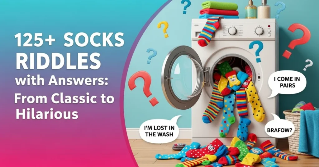 Colorful socks around washing machine with riddle text overlay