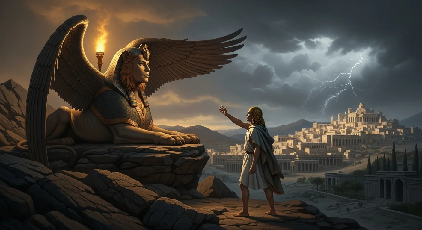 125+ Greek Riddles with Answers: Unravel the Mysteries of Ancient Greece 1 Sphinx posing riddle to traveler in ancient Greek landscape