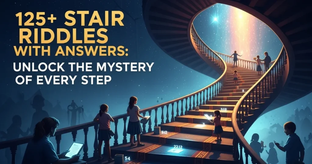 Magical spiral staircase with people solving riddles on glowing steps with numbers