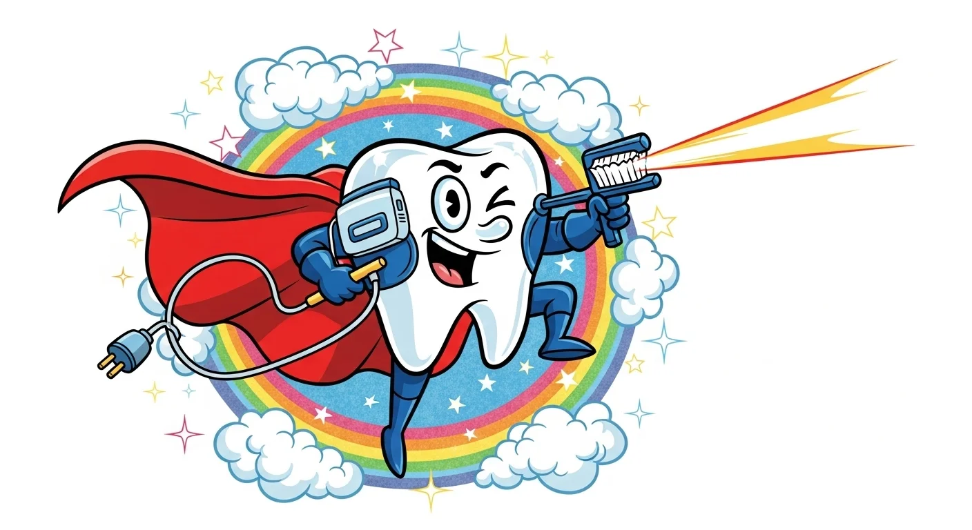 Cartoon superhero tooth character with red cape holding toothbrush and dental tools against rainbow background with clouds and stars