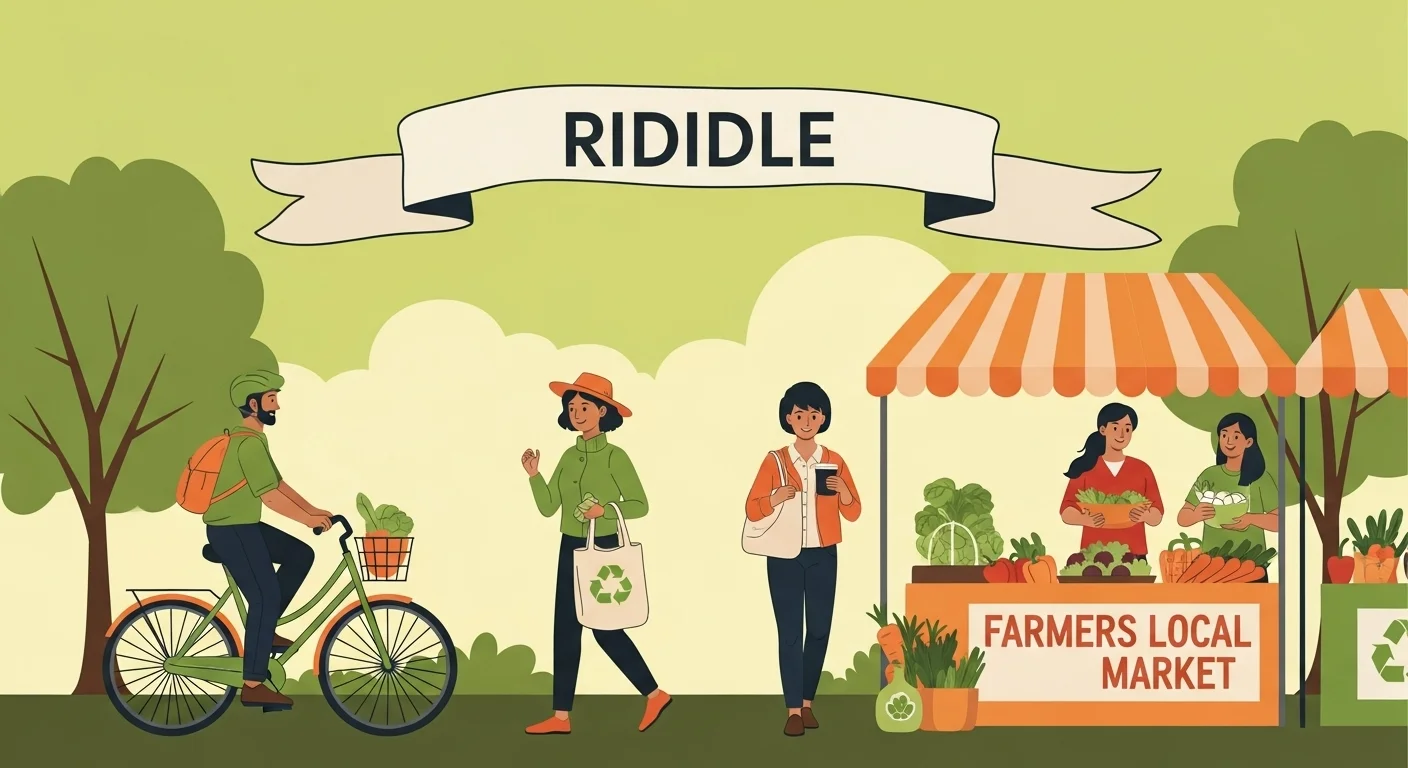 125+ Fun and Educational Earth Day Riddles & Answers for All Ages 9 People shopping at local farmers market with organic vegetables, reusable bags, and sustainable transportation including bicycles