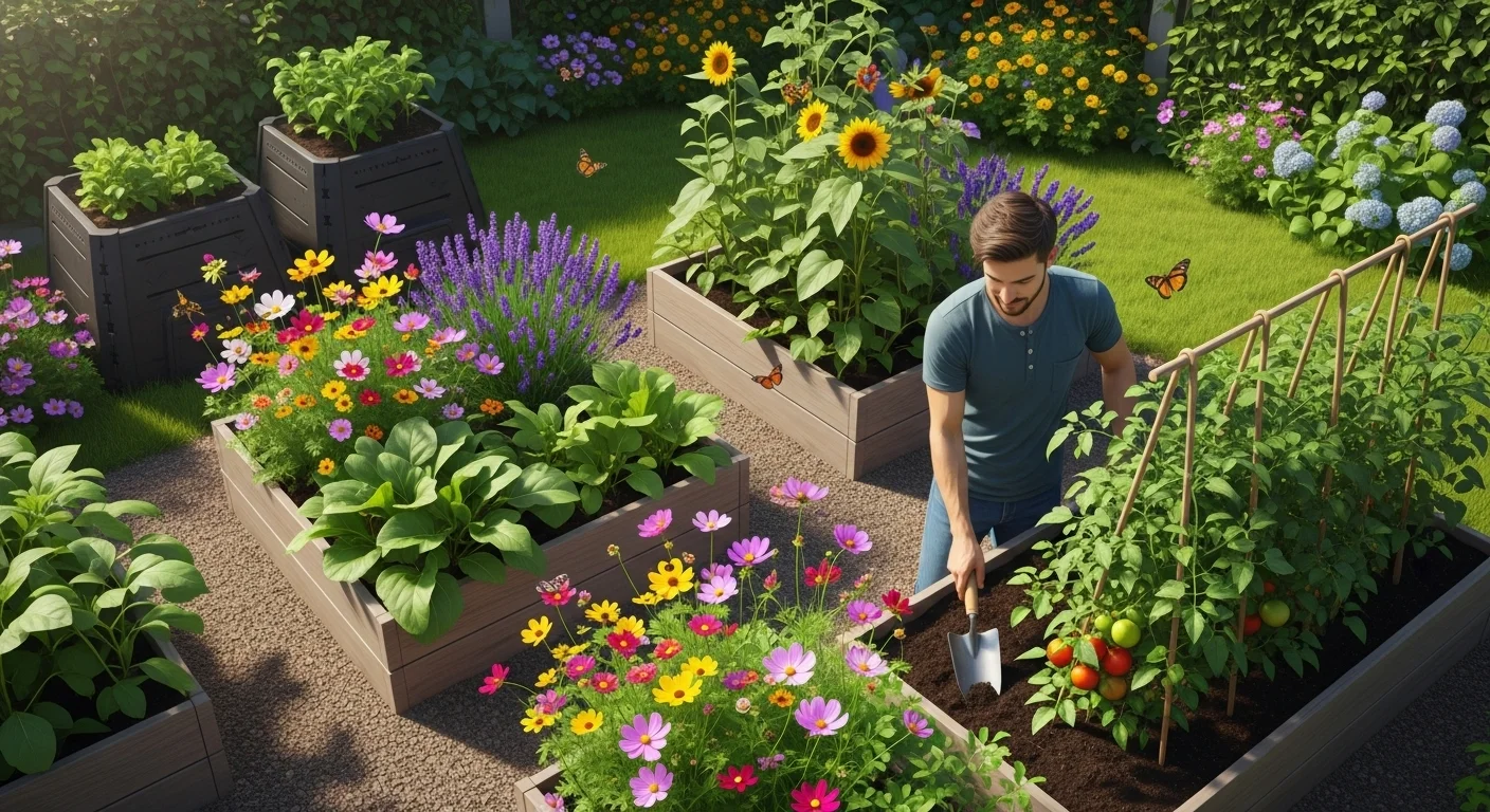 125+ Fun and Educational Earth Day Riddles & Answers for All Ages 10 Man gardening in raised bed vegetable garden with colorful flowers, sunflowers, and butterflies creating sustainable pollinator habitat