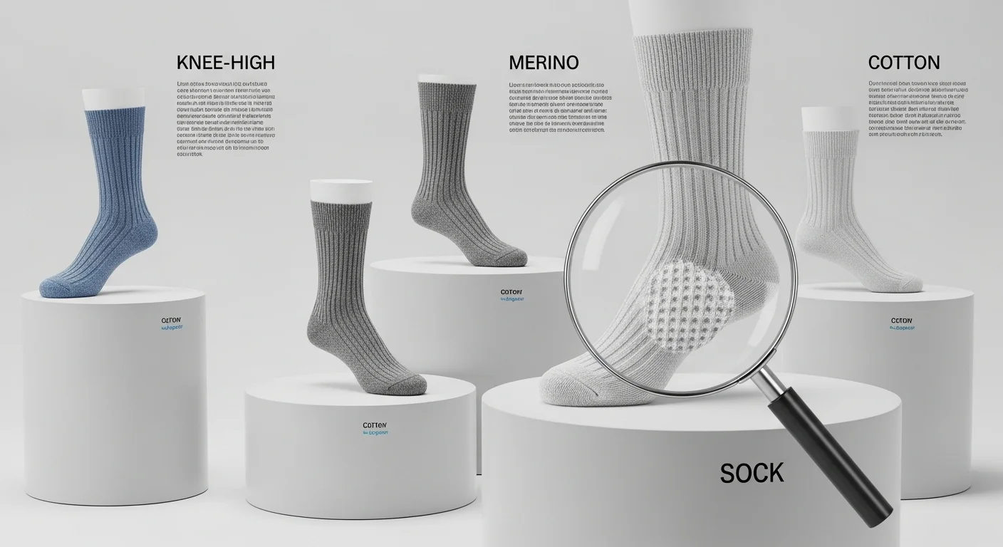 125+ Socks Riddles with Answers: From Classic to Hilarious 7 Technical display showing sock materials - cotton, merino, knee-high