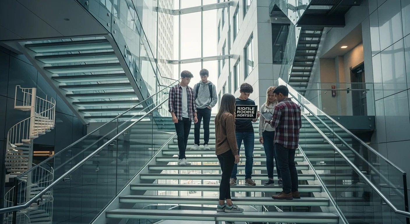 Group of teenagers collaborating to solve riddles on modern glass staircase