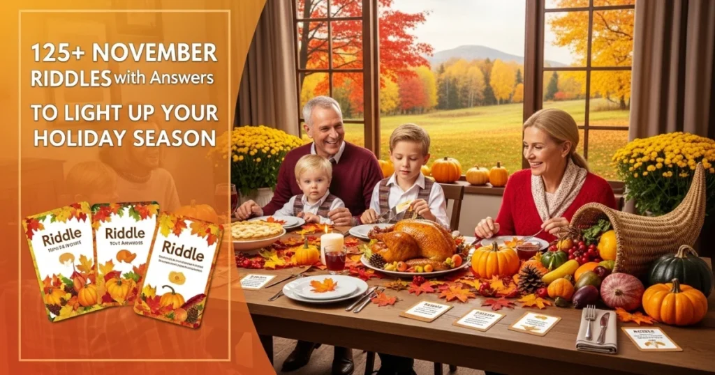 Family enjoying Thanksgiving dinner with November riddle books for holiday entertainment