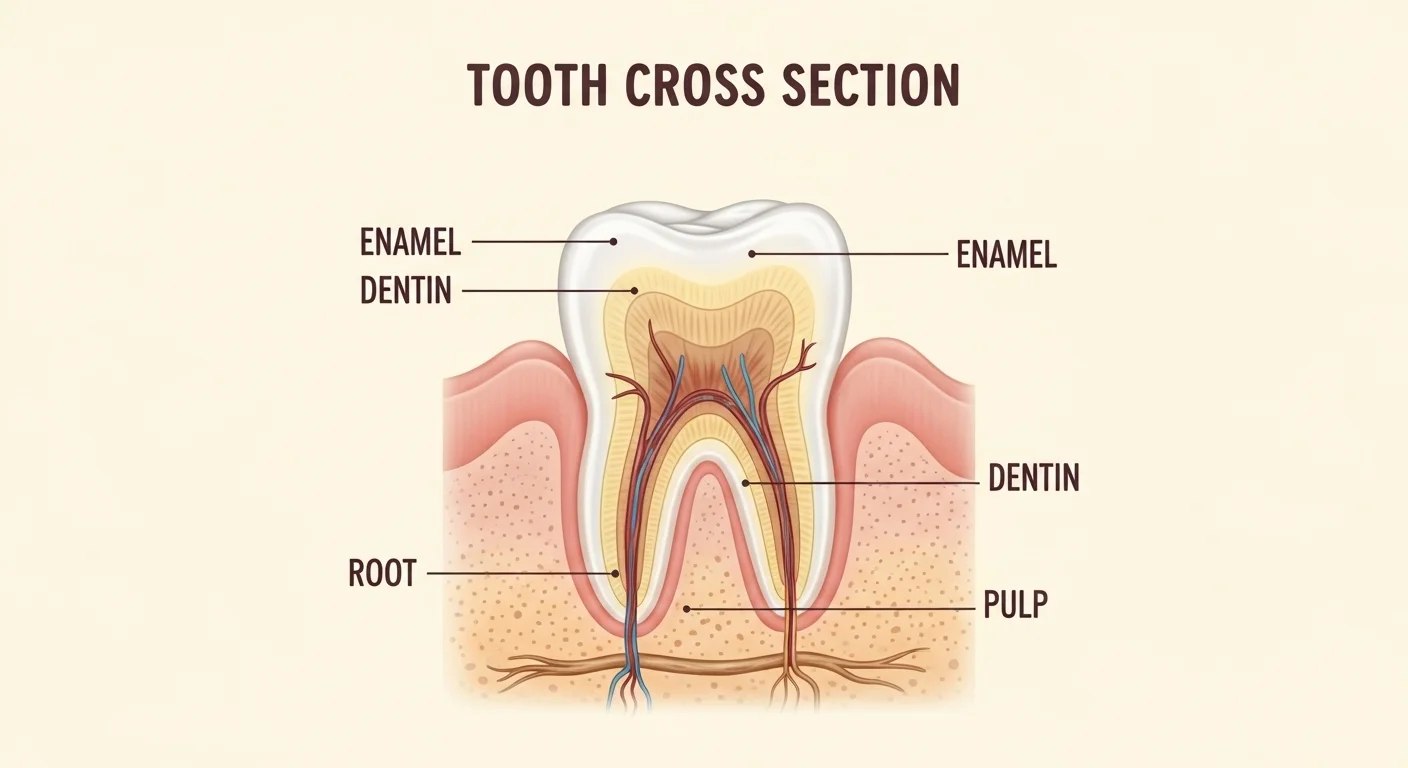 Detailed anatomical cross-section diagram of human tooth showing enamel, dentin, pulp, and root structures with labeled components