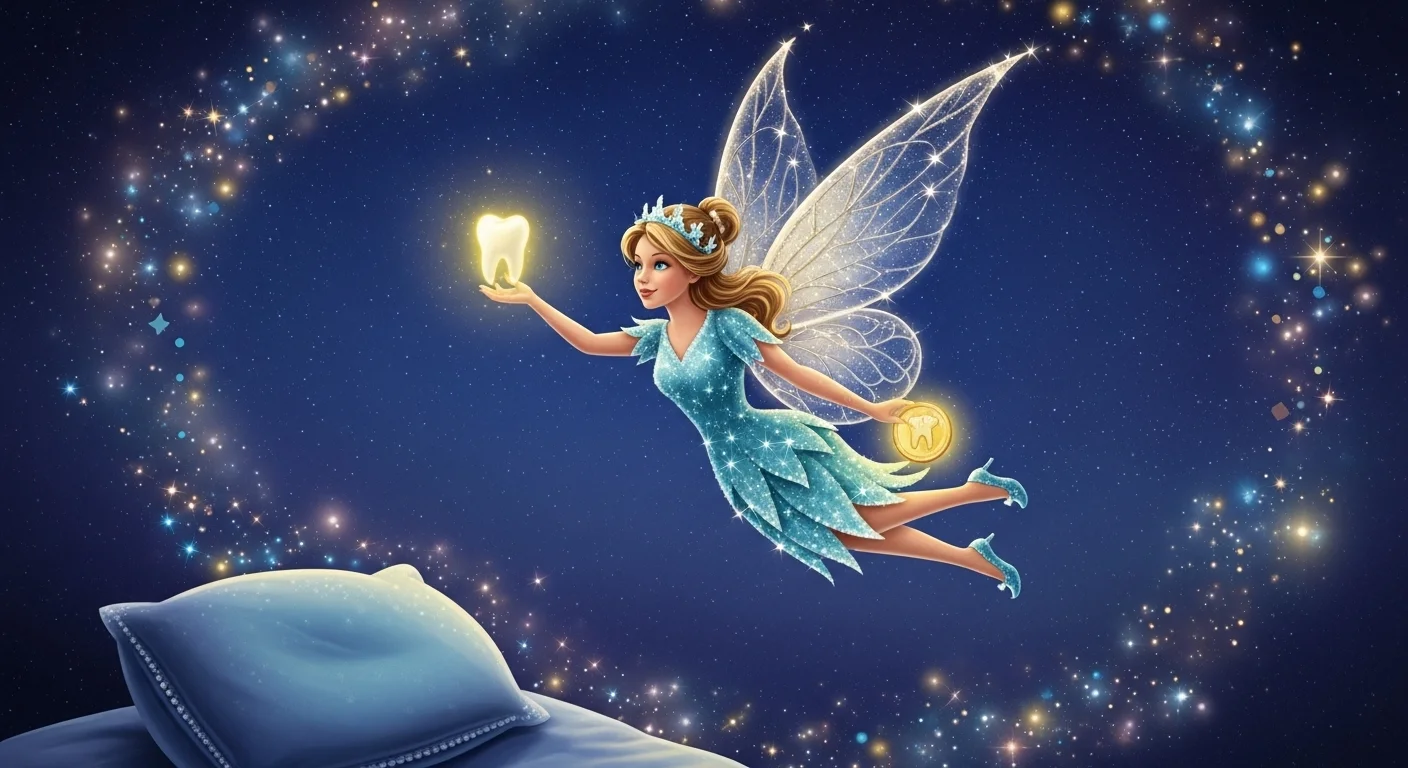 125+ Tooth Riddles & Answers: A Fun Journey Through Dental Health 7 Enchanting tooth fairy with sparkling wings holding glowing tooth in starry night sky above child's pillow, representing dental folklore tradition