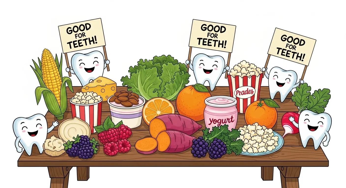 125+ Tooth Riddles & Answers: A Fun Journey Through Dental Health 1 Cartoon teeth characters holding "Good for Teeth" signs surrounded by healthy foods including vegetables, fruits, nuts, yogurt, and dairy products