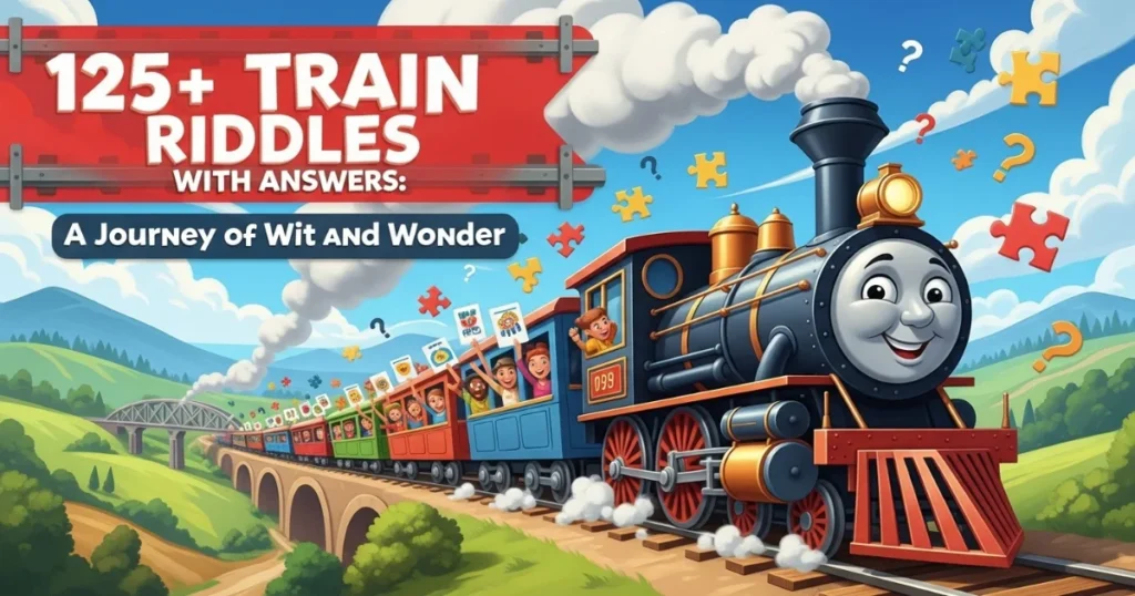 Train riddles book cover featuring cartoon locomotive with puzzles